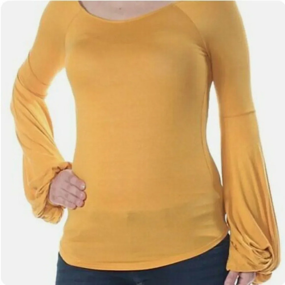 Free People To the Tropics Twist Sleeve Top Yellow Mustard Blouse Size L… - Picture 1 of 5